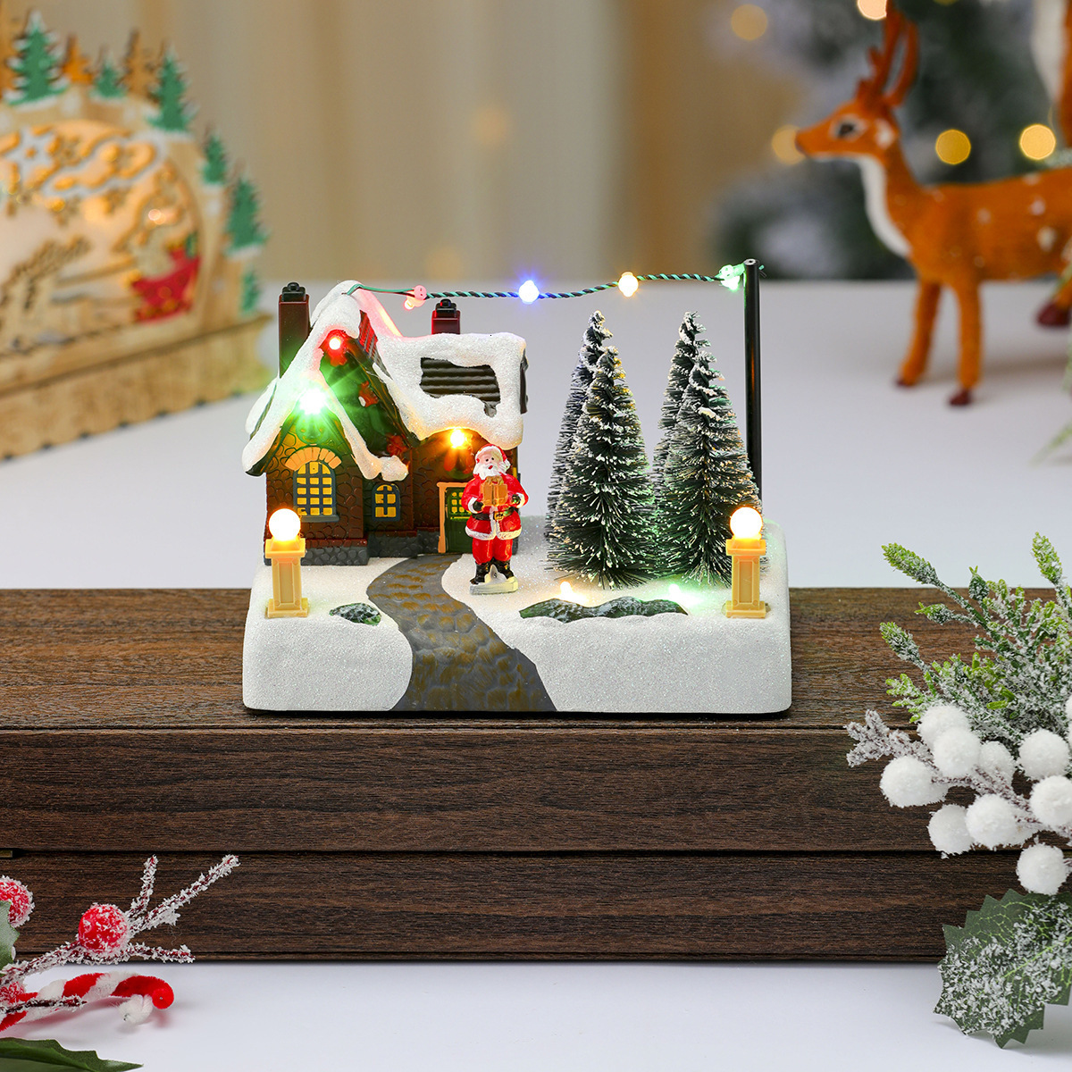 Animated Santa Sleigh with Music Lights Christmas Village Decoration Snots on the Run Figurine Building Accessory for Indoor Use 251015