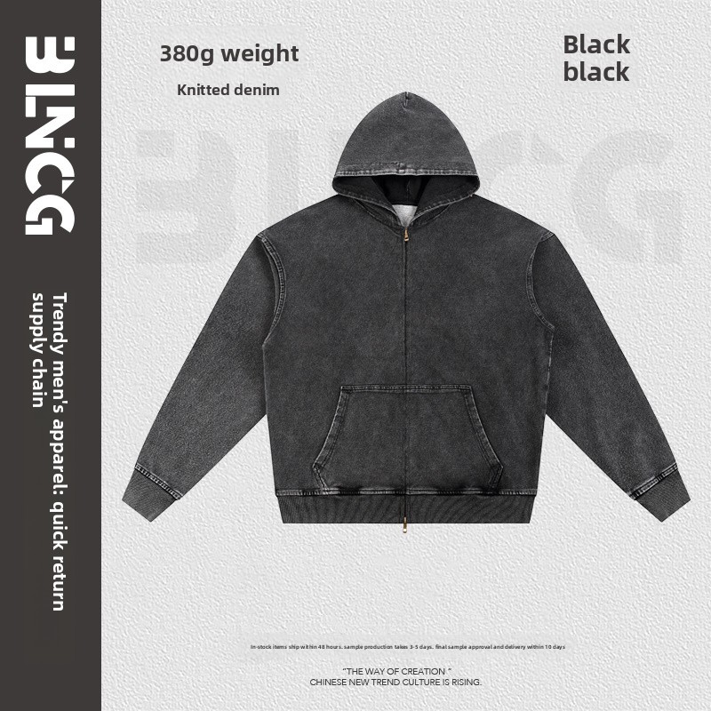 BLNCG Men's Washed Retro Zip - Up Hoodie, Distressed Vintage Style, Customizable Oversize Fit, Ideal for Streetwear Enthusiasts-KB-02