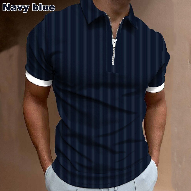 Mens Spring New Mens Casual 3D Printed Collar Short Sleeve Zipper Polo Mens T-shirt Top