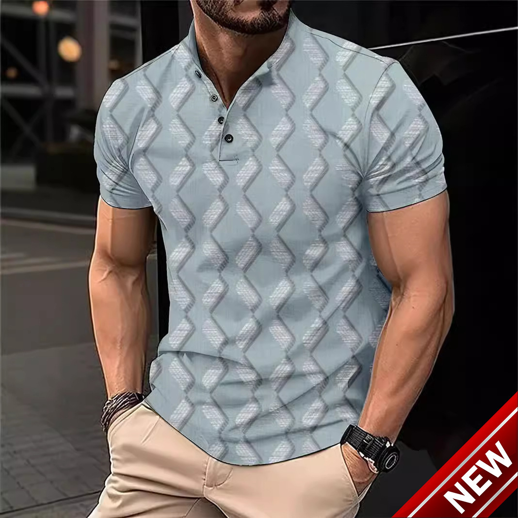 2024 Mens 3D Digital Printed Casual Buckle Short Sleeve T-shirt Polo Top