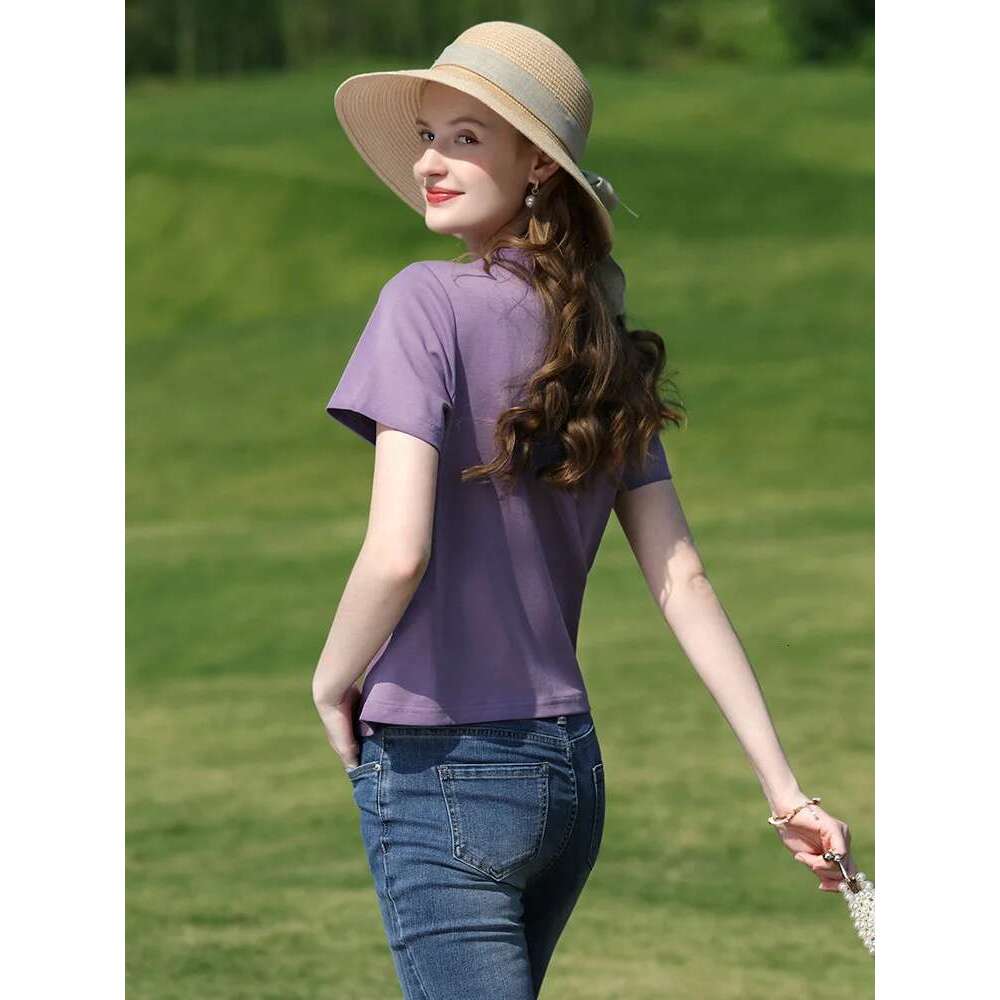 Purple Chinese Buckle Stand Collar Knitted T-Shirt 2025 Summer Casual Short Sleeve Top Curved Hem Tees