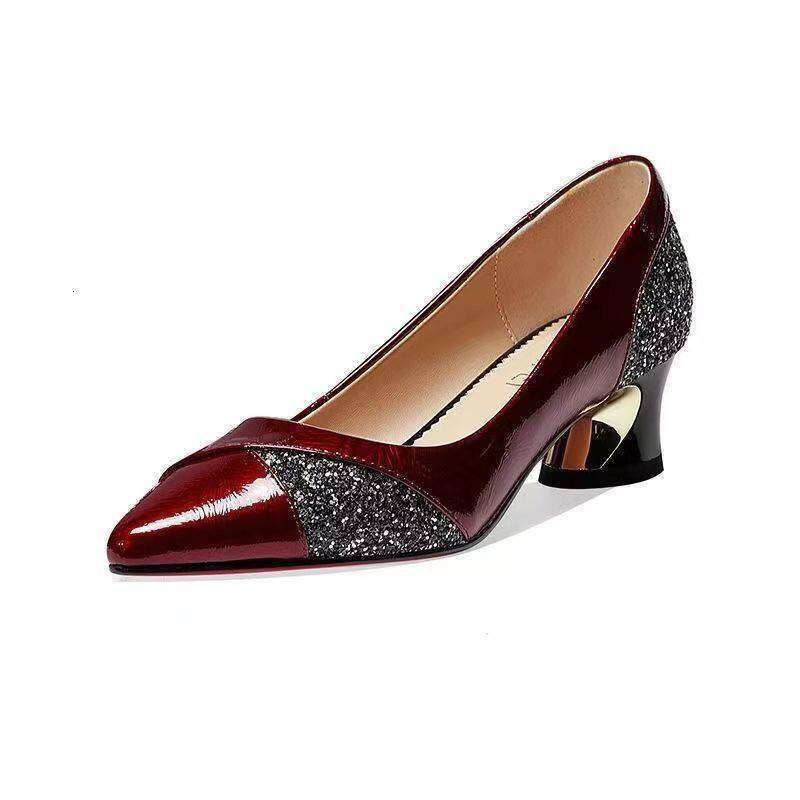 Real leather, pure leather work shoes, middle new versatile, thick heel, soft sole, pointed shallow mouth single shoe, women's spring