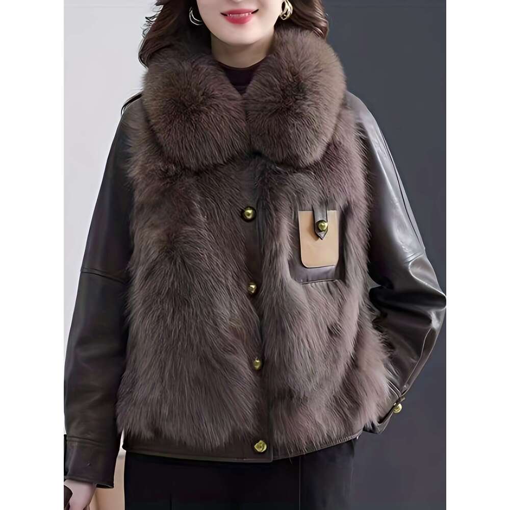 Faux Fur Jacket Thickened Polyester Women's Winter Jacket | Faux Fur-Lined, Drop Shoulder Sleeves, Single-Breasted Button Front, Suede Texture, H