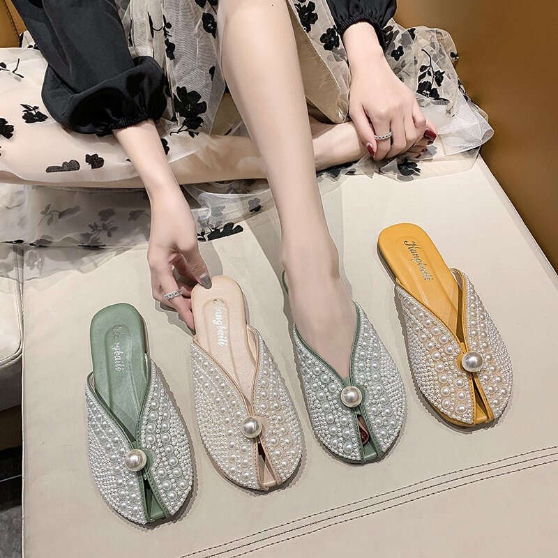 Baotou Half for Women in Summer 2024 New Korean Edition Pearl Fairy Style Flat Soft Bottom Lazy Cool Slippers