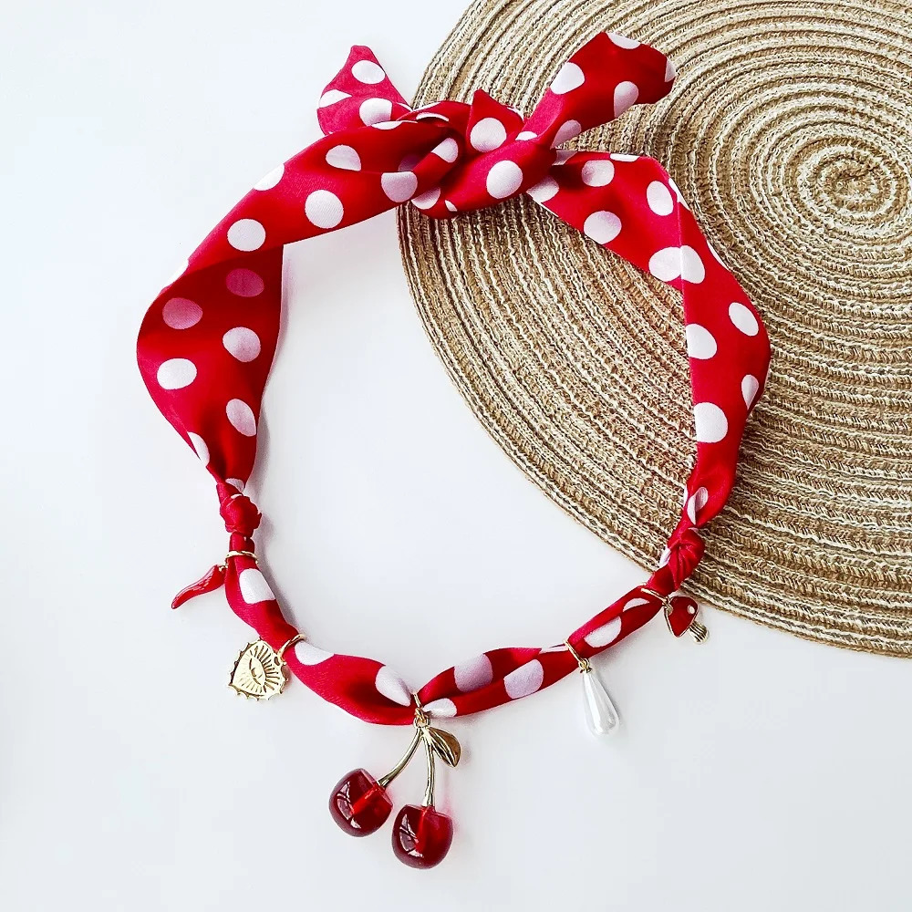 Red Pink Cherry Bandana Necklace for Women Girls with Charms Scarf Pendant Daily Wear Fashion Accessory 251031