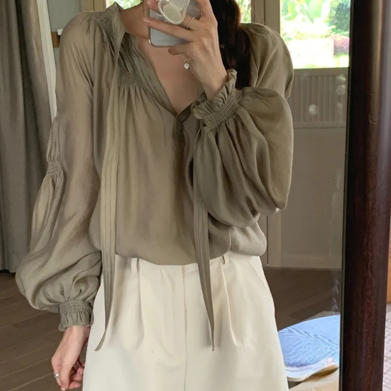 OceanLOVE V-neck Womens Shirt and Shirt Solid Color Korean Fashion Elegant Blue Womens Spring Autumn Sweet Carmicha Top 250402