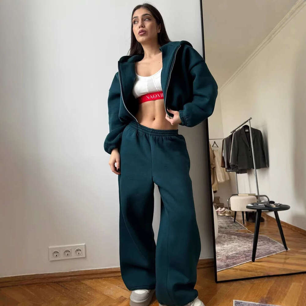 European And American Style Women's Casual Solid Color Long Sleeve Zipper Cardigan Drawstring Hooded Sweatshirt Sports Elastic Pants Two-Piece Se