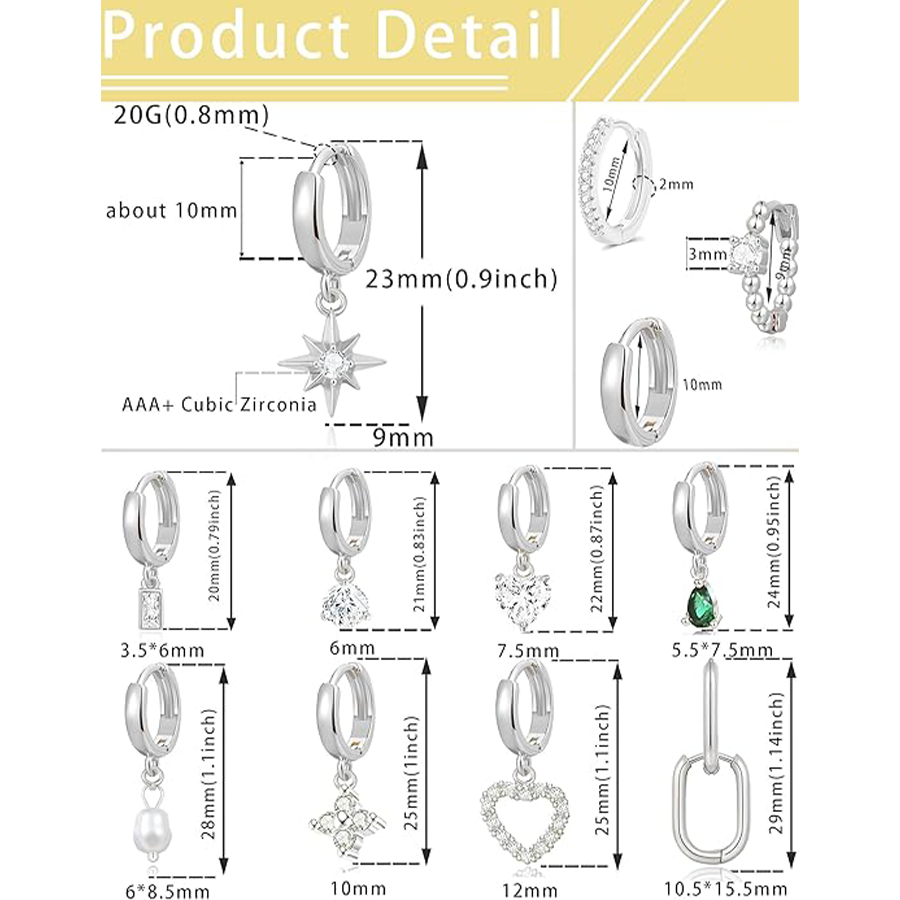 Huggie Hoop Earrings Silver Plated Small Dangle Hoop Earrings Heart Pearl Star Flower CZ Cartilage Earring Sets for Multiple Piercing Stacks Stud Hoop
