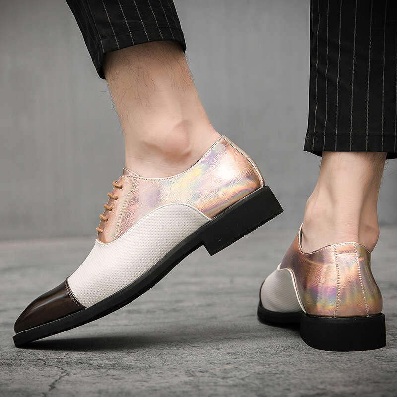 Large size color blocking pointed leather for men's low cut trendy business shoes, spring and autumn new lace up formal casual shoes