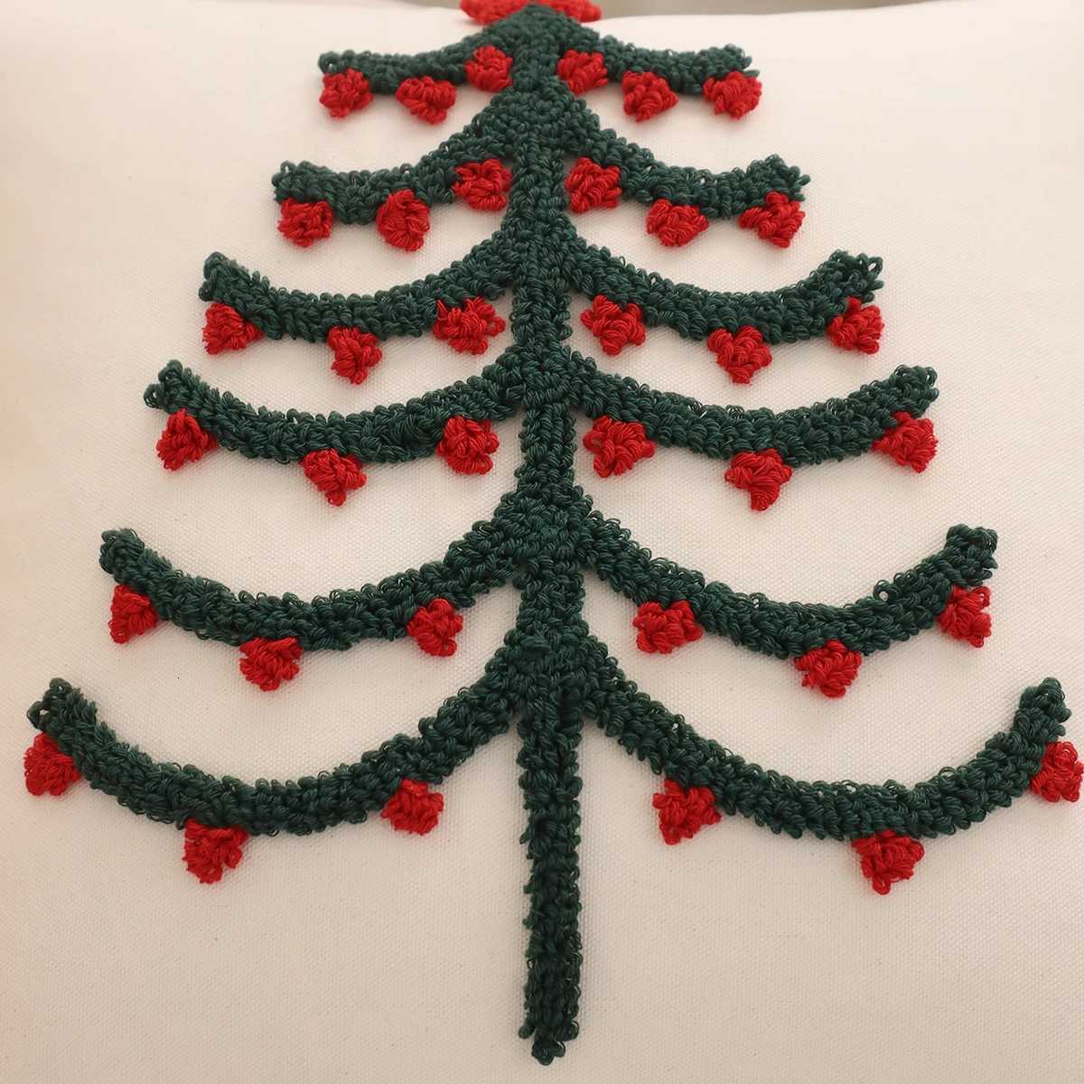 Tufted Throw Pillow Cover Christmas Decoration Canvas Christmas Tree Snowflake Socks Winter Farmhouse Home Sofa Living Room Y251105