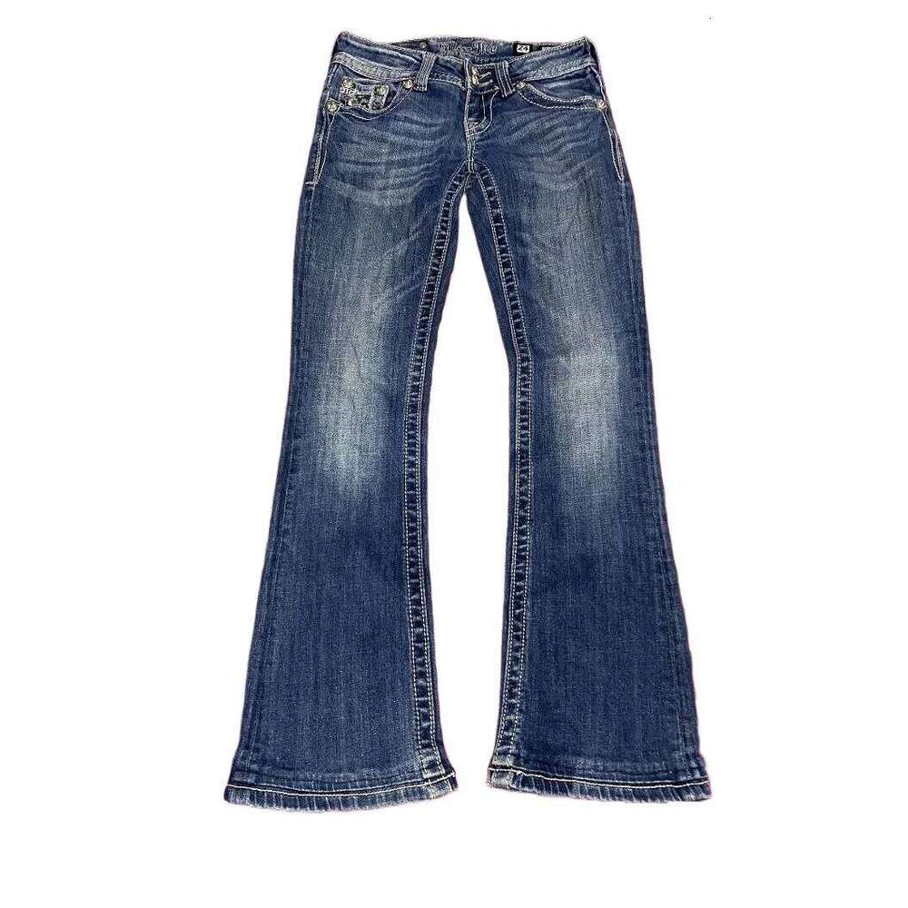 Retro Miss Me Boot Cut Female Y2k New Blue Jeans Embroidered Wing Pocket Hip Hop Haruku Gothic Wide Pants Street Wear