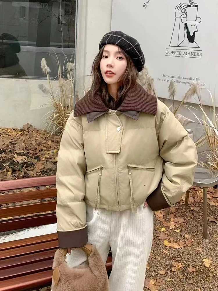 Winter Big Lapel Knitted PU Splicing Down Jacket Female Zipper Pocket Puff Quilted Jackets Women White Duck Down Parker OutwearsT251105