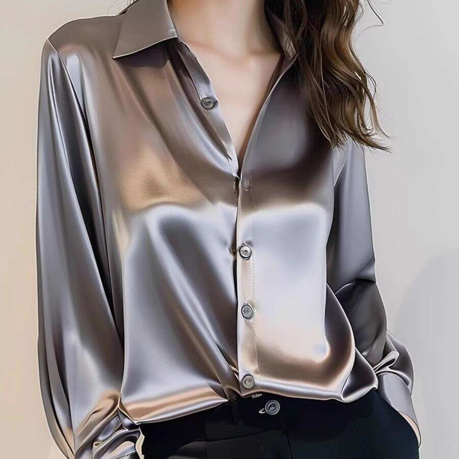 Spring And Autumn New Style Gray Acetate Satin Shirt For Women Long Sleeve Unique French Silk Professional Blouse B5