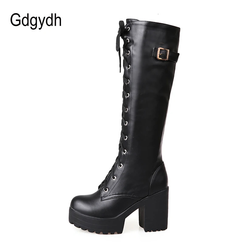 Gdgydh Spring Autumn Lacing Knee High Boots Women Fashion White Square Heel Woman Leather Shoes Winter PU Large Size 43 251031