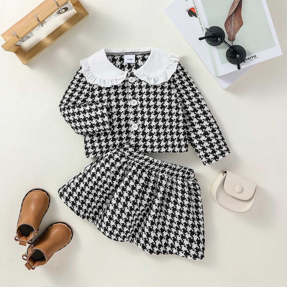 2Pcs Baby Preppy Style Honey Girls Autumn /Winter Turn-down Collar Plaid Coat and Skirt Set For Vacation Outdoor Wear Clothing Y251105