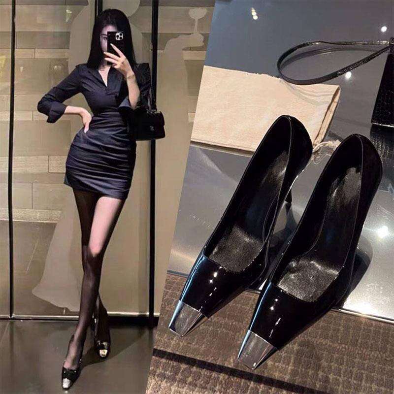 2025 Designer Shoe Autumn New High Heels for Women closed toe Stiletto Non-Slip Metal Black Patent Leather Women's Shoes