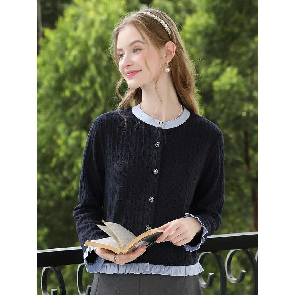 Fake Two College Blue Jacquard Knitted Cardigan Women Autumn O-Neck Soft Loose Tops Office Lady