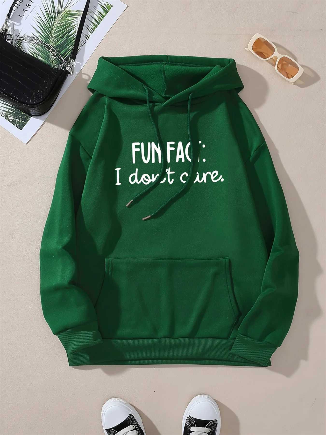 Womens autumn and winter casual loose and comfortable FUN FACT I dont care printed fleece warm long sleeved hooded sweatshirtT251105