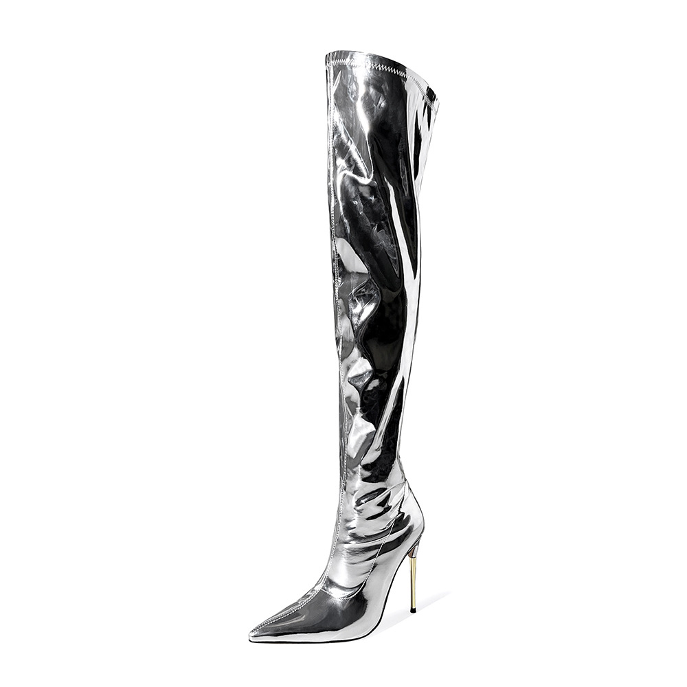 Chengdu Artisan Metallic Laser Over Knee Boots Metal Stiletto Heel Stretch Fit Pole Dance Fashion Boots Silver