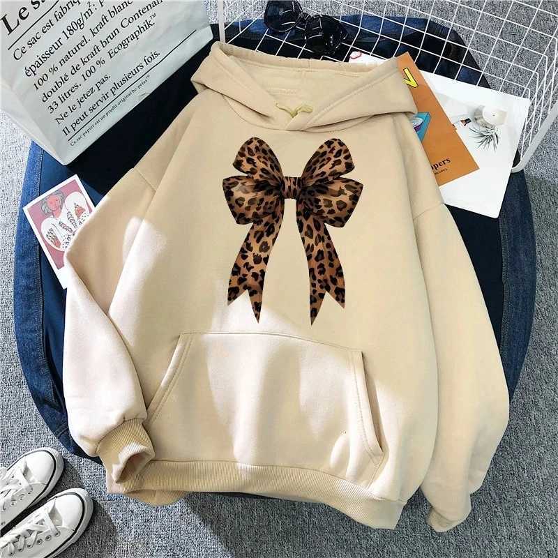 Bow Heart Love Leopard Print Hoodies Long Sleeve Funny Sweatshirts Streetwear Womens Casual Graphic Hooded Pullovers ClothesT251105