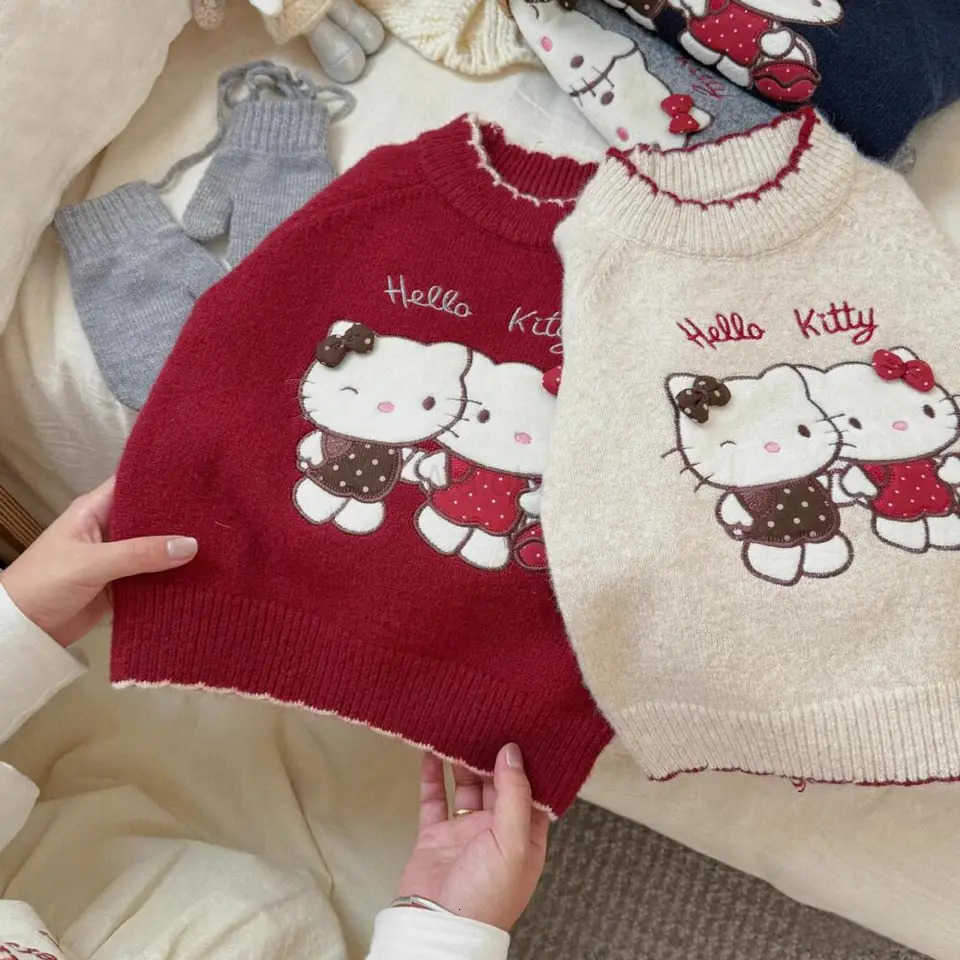 Sanrio Hello Kitty Girls Sweater Cartoon Kt Cat Pullover Knitting Thicken New Korean Version Childrens Sweater Autumn Winter H251105
