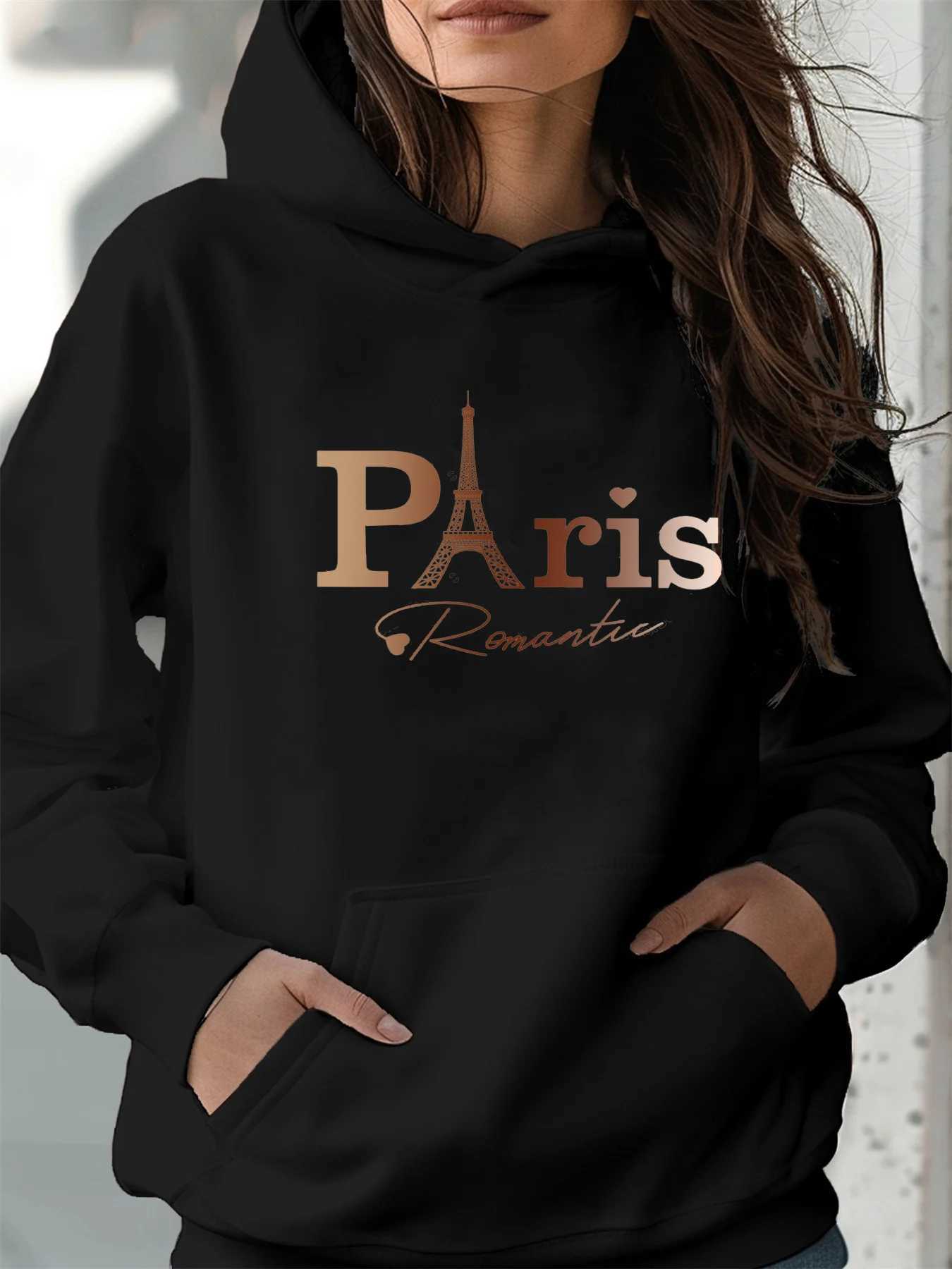 Womens autumn and winter warm and loose casual Paris pattern printed suede long sleeved hooded sweatshirtT251105