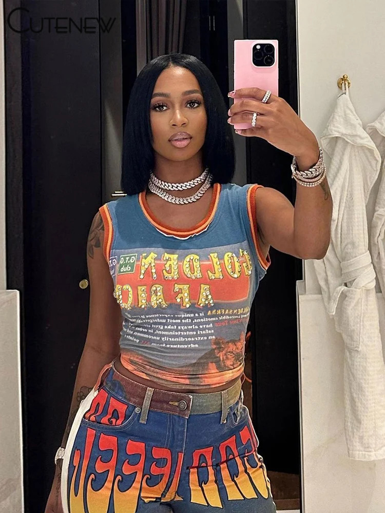 Cute Hipster printed womens vest womens summer panel O-neck tight crop tank womens classic fully matched Y2K street top 250402