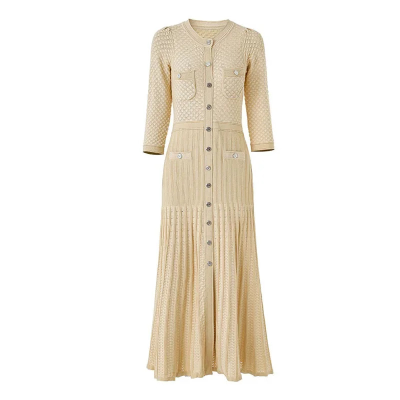 Hollow out Long Knitted Summer Dress round Neck Seven Sleeve Bodycon Skirt Slimming Effect Empire Waist Maxi Dress251103