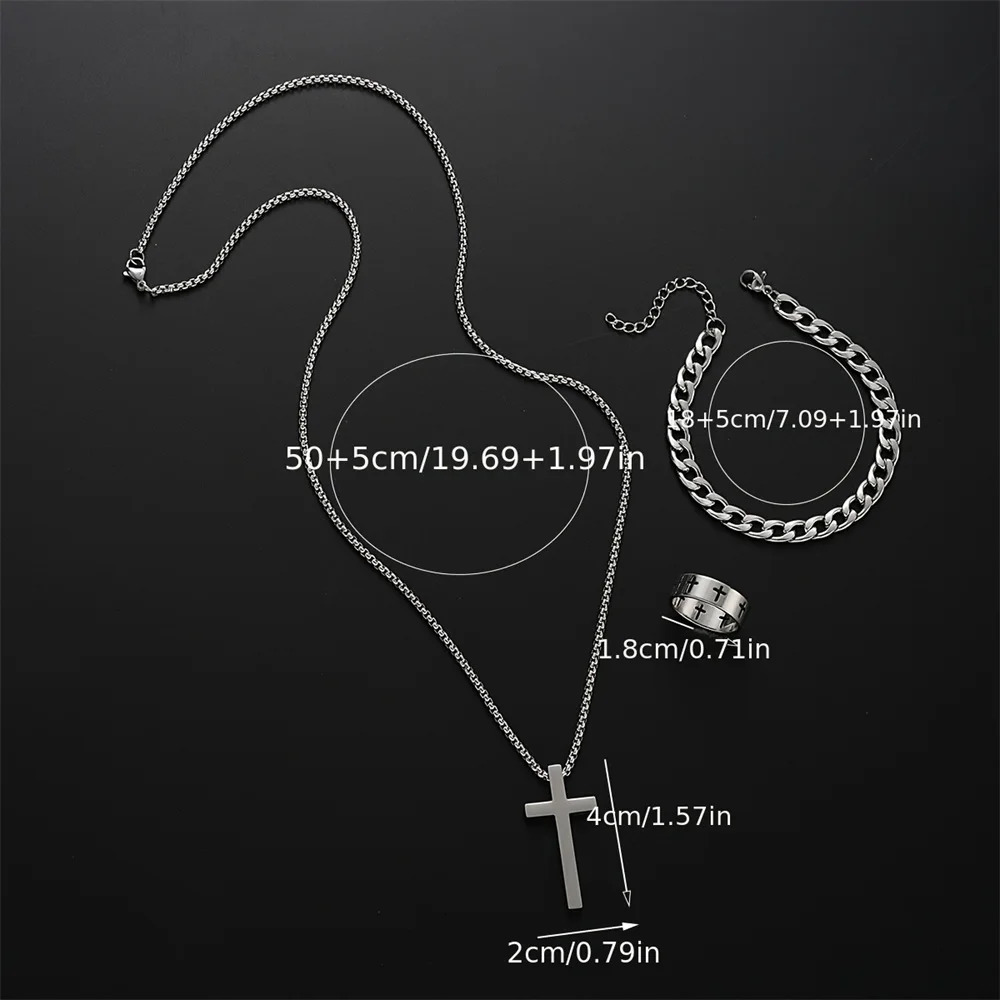 3pcs Set Mens Stainless Steel Metal Cross Pendant Chain Necklace Bracelet Ring Jewelry Male Hip Hop Daily Wear Accessories 251104