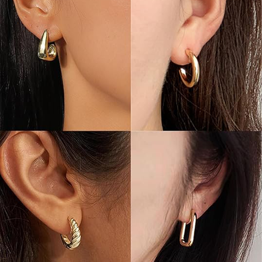 10 Pairs Clip on Hoop Earrings for Women Men Twist Round CZ Chunky Hoop Clip Earring No Piercing Fake Earrings Sets Gold Tone