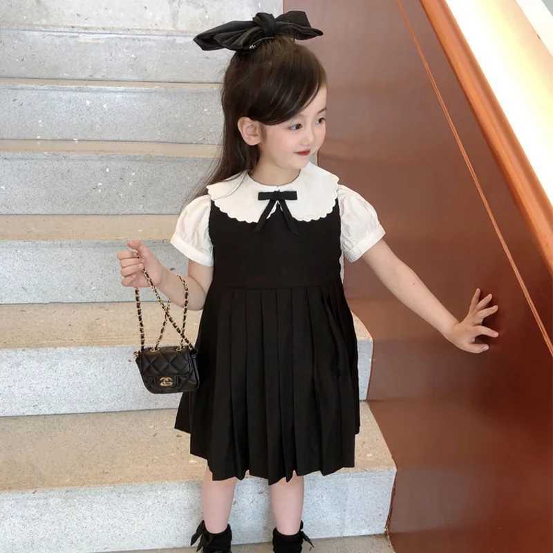 Kid Girl Elegant Dress Ruffled Peter Pan Collar Black Satin Bow Tie Puffy White Sleeves Flared Black Pleated Skirt for Children Y251105