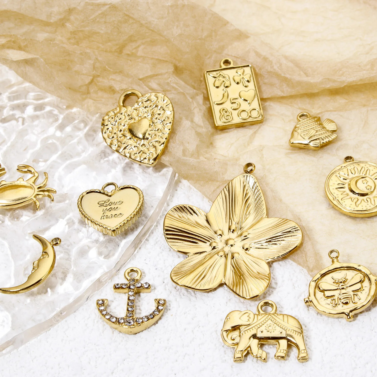 2 pieces of 304 stainless steel charming fish heart flower goldplated mini pendant DIY necklace earrings suitable for womens jewelry making 250325