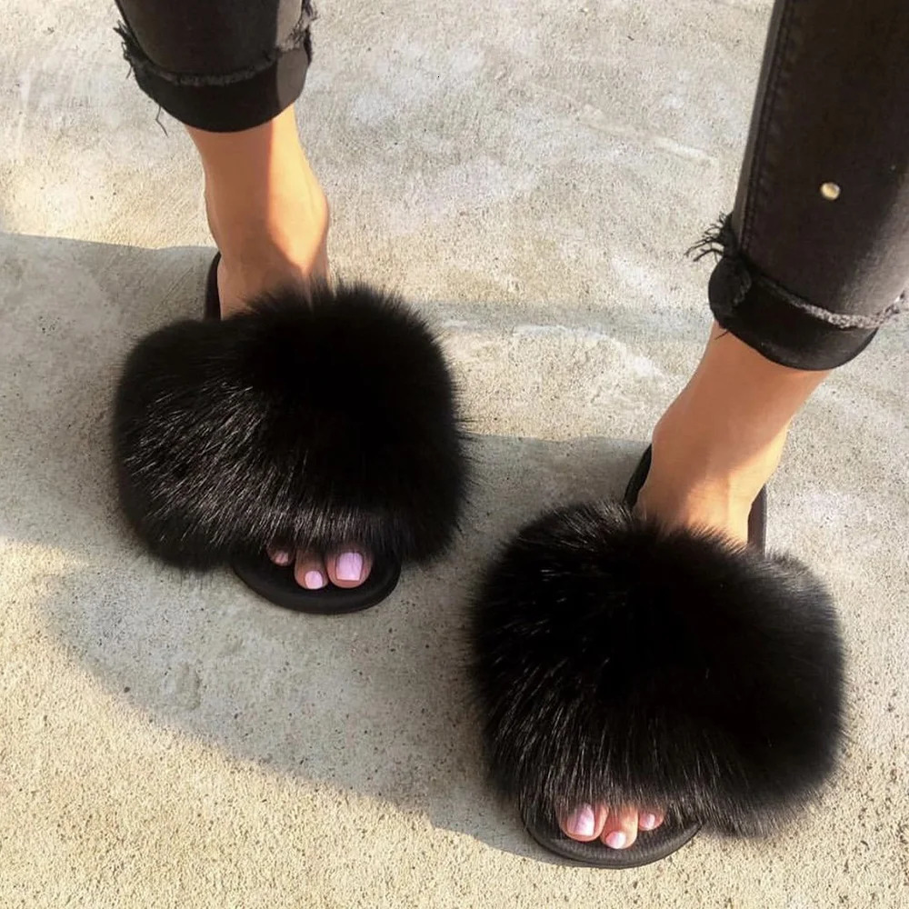 MPPM Real Fox Fur Slides for Women Sandals On Summer Furry Slippers Flip Flops Shoes Plus Size Shoes 251031