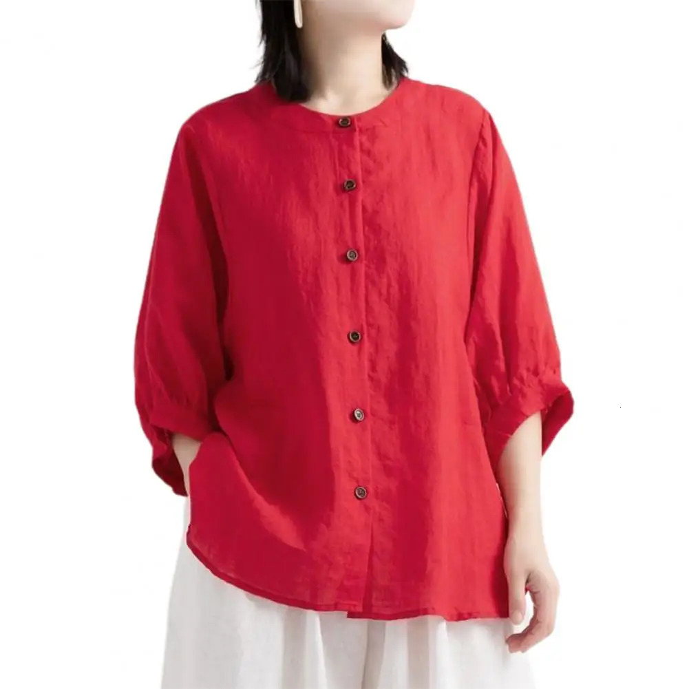 Women Shirt Retro Half Lantern Sleeves Ruffle Cuffs O Neck Summer Linen Shirts Ladies Loose Female Sweatshirt Top Casual Blouse 250402