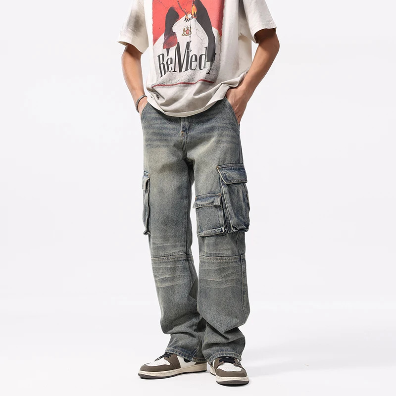 fashion retro multi pocket work clothes work clothes jeans suitable for men loose straight legs masochistic wash fashionable casual pants 250402