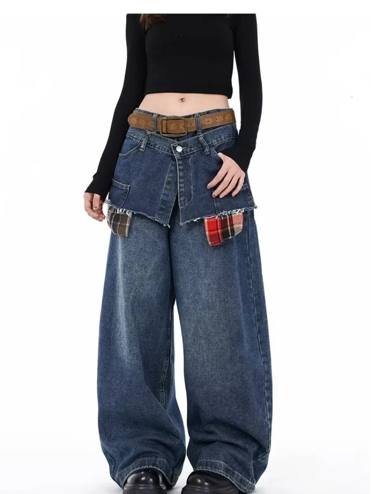 Ropa Y2K street clothing plain weave splicing work bag stacking jeans womens retro blue wide leg denim shorts 250403