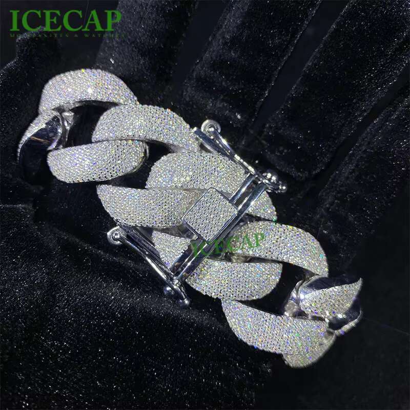 Hot 925 Silver Bracelet VVS Moissanite Cuban Chain Bangle 3 Rows Diamond Miami Cuban Link Chain for Men