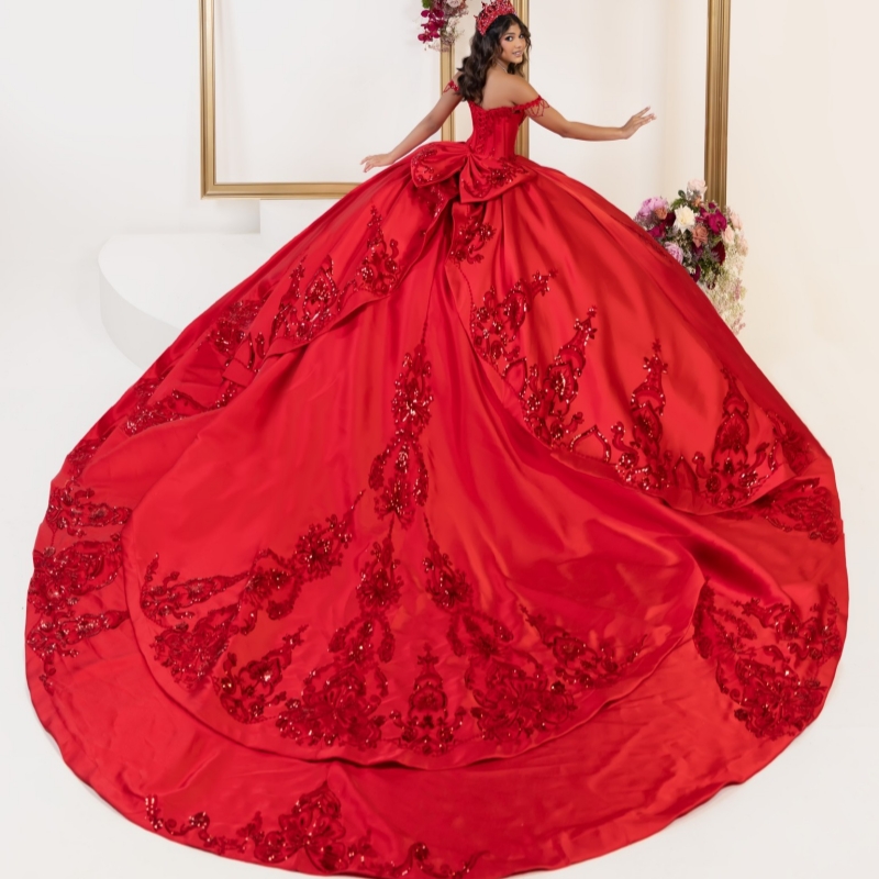 Red Shiny Quinceanera Dresses Off The Shoulder Sequin Applique Lace Beads Bow Tull Party Birthday Sweet 16 Dress Vestidos 15 De Anos