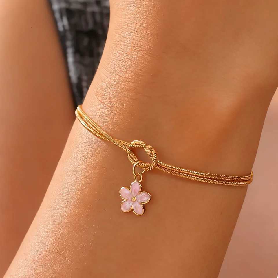 Enamel Flower Charm Bracelet Stainless Steel Gold Color Adjustable Love Knot Double Snake Chain Women Cherry Blossom JewelryXJ251105