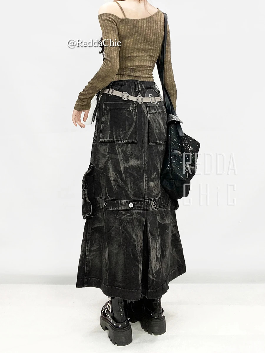 REDDACHIC ICON Womens eyeliner heavy denim goods tight tie dye multi pocket pleats Aline long jeans vintage Grunge street clothes 250324