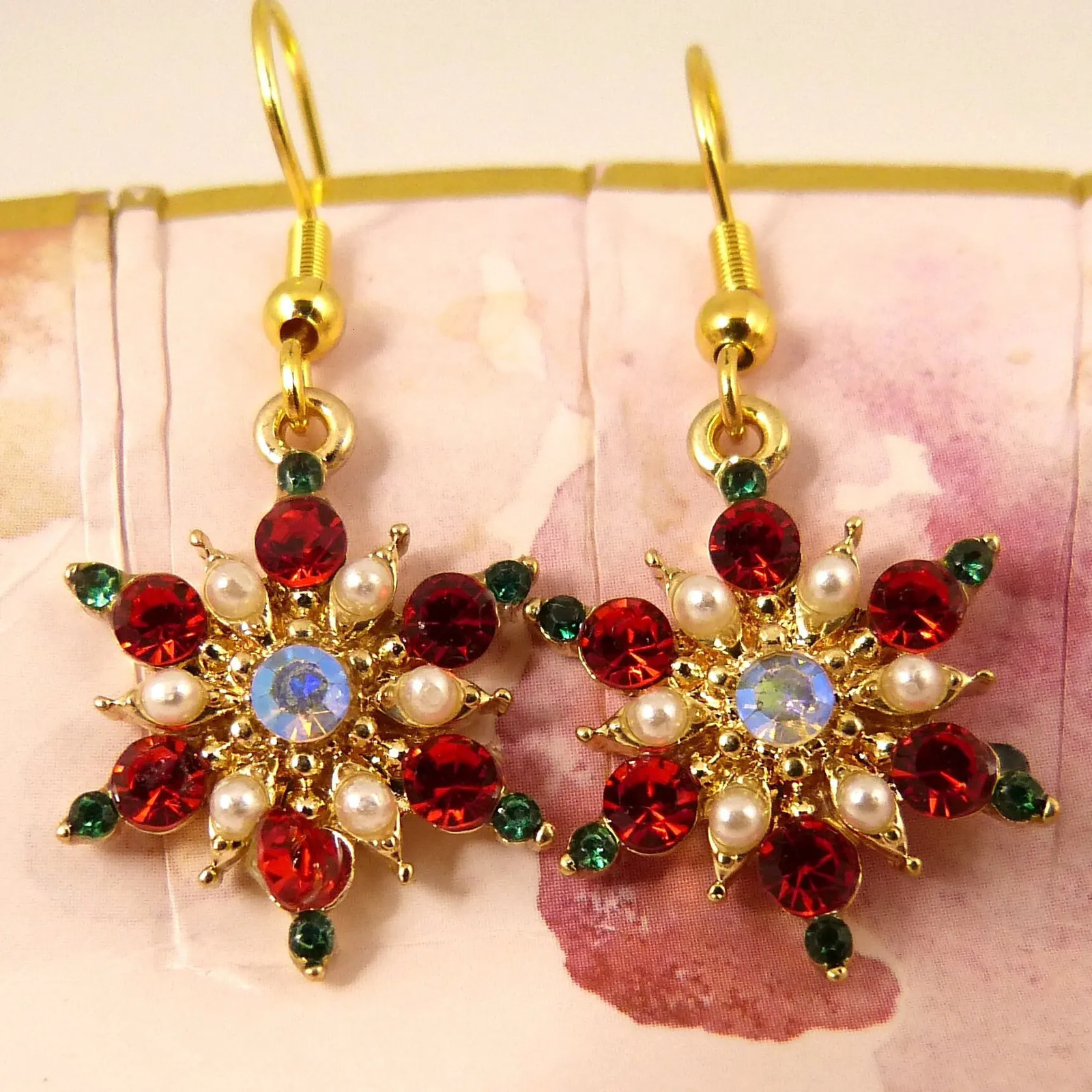 Christmas Full Rhinestone Snowflake Pearl Earrings for Women Colorful Hollow Xmas Tree Red Hat Ear Hook Earring Year Jewelry 251131