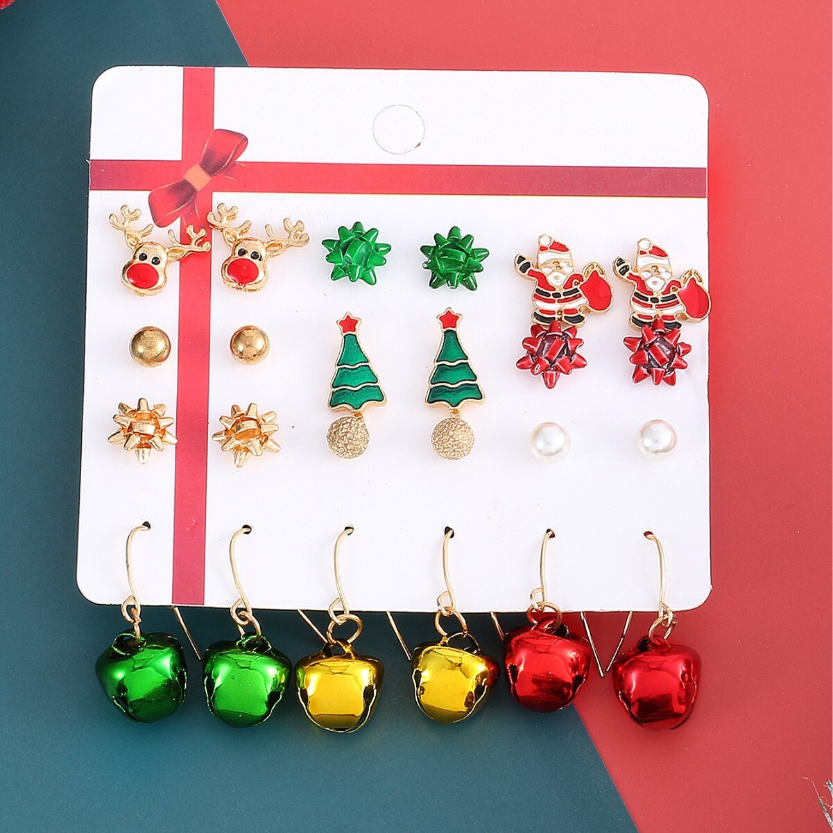 of Santa Claus Oil Drop Bell Christmas Tree 12-Piece Set Card Pack Earrings
