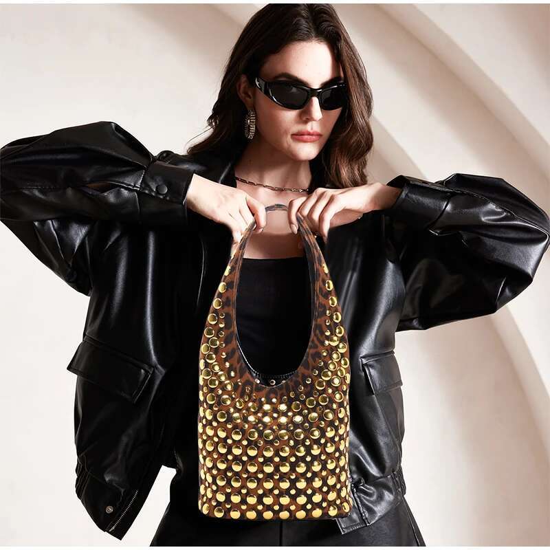 Gold Rivet Punk Underarm New Women's Leopard Print Frosted Bucket Bag High-End Brand Designer Shoulder Tote Handbag