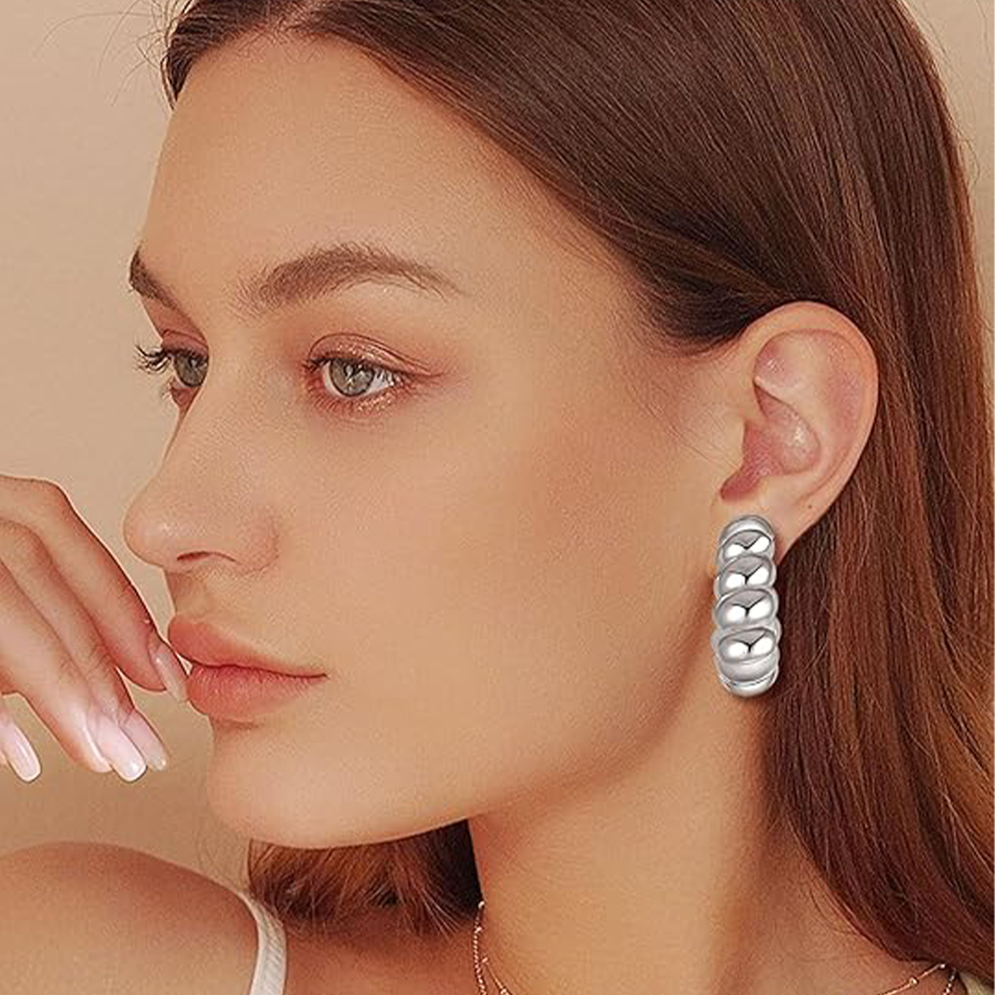 8 Pairs Chunky Hoop Earrings Sets for Women Lightweight Twist CZ Open Huggie Hoops Minimalist Thick Cartilage Hollow Earring Piercing Jewelry Gift Sil