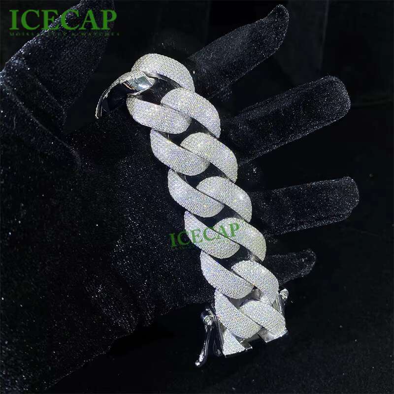 Hot 925 Silver Bracelet VVS Moissanite Cuban Chain Bangle 3 Rows Diamond Miami Cuban Link Chain for Men