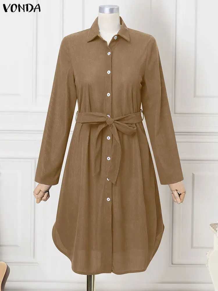 Plus Size 5XL VONDA Women Elegant Corduroy Dresses 2025 Autumn Long Sleeve Solid Midi Vestidos Casual Streetwear Party Robe J251105