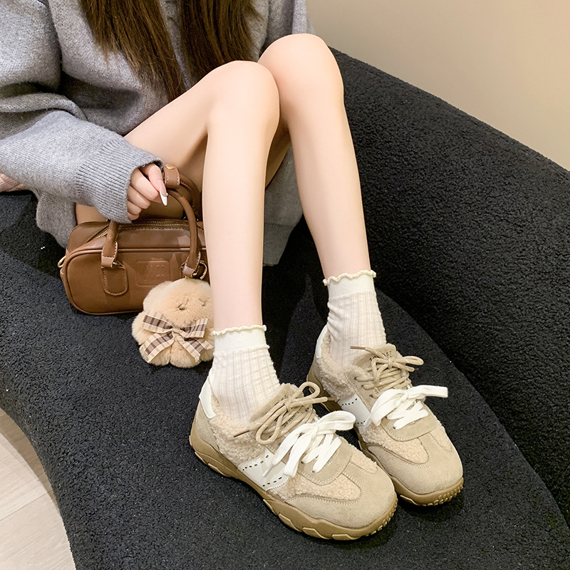 Retro mandarin duck lace-up thick-soled German training shoes women's fashion and versatile fleece warm casual Forrest Gump shoes