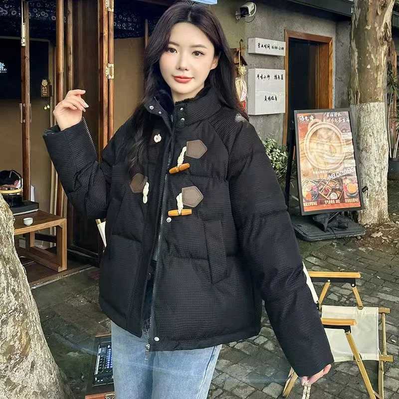 Horn Buckle Down Jacket Womens Autumn And Winter 2025 New Fashion Short Loose Cotton-padded Jacket Korean Short Padded Coat TopT251105