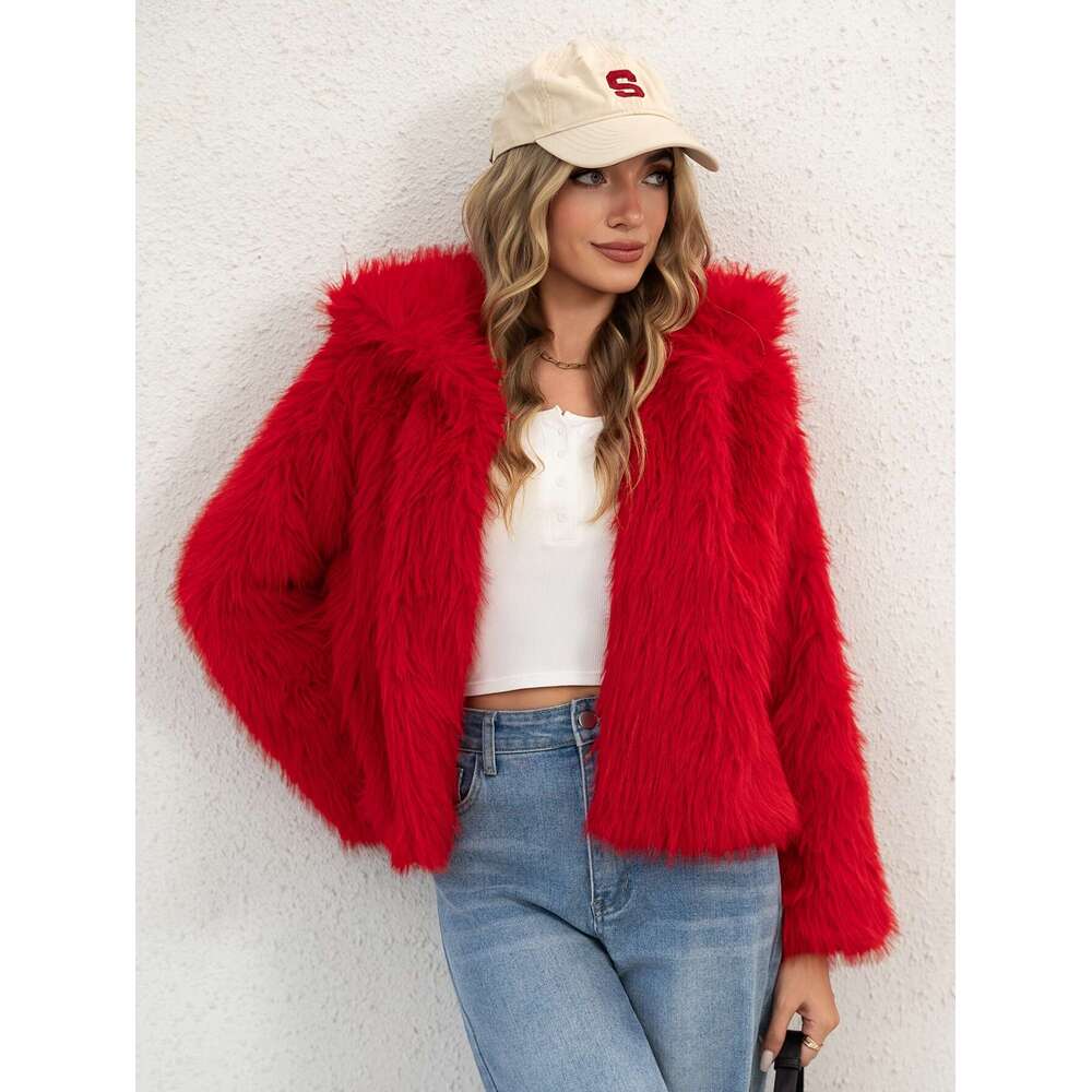 Women's Elegant Red Faux Fur Hooded - Long Sleeve, Button-Up Front, Lined, Perfect For Fall/Winter, Casual Style, Outerwear Fluffy Lined | Button