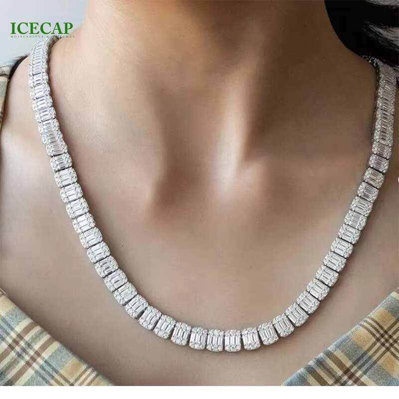 Baguette Cut VVS Moissanite Diamond Tennis Chain Necklace Bracelet for Women White Gold 925 Sterling Silver Hip Hop Jewelry
